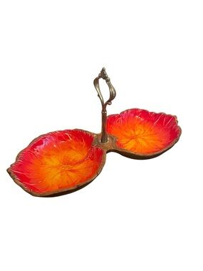 Vintage Treasure Craft USA Ceramic Double Leaf Server Bowl Orange Red MCM Handle